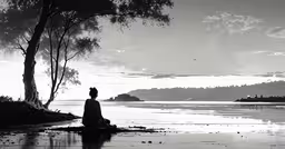 a woman sitting in the middle of water near a tree,a person sitting in a lotus pose by the water