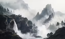 a waterfall flows into a mountain lake on a foggy day