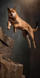 a dog jumping off rocks into the air
