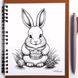 a drawing of a rabbit with a basket and eggs