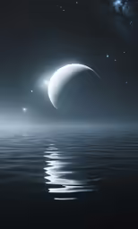 the crescent moon in space above water with reflection