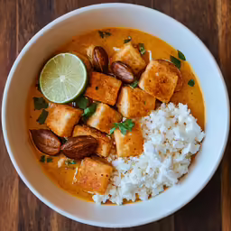 a bowl filled with rice, meat and nuts