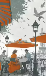 people are seated under an umbrella on a cloudy day