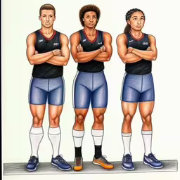 two men with their arms crossed wearing short shorts and shoes,a painting depicting three men wearing underwear
