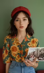 a beautiful young woman holding up a photograph
