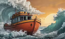 a large boat in the middle of a large wave,a boat on a large wave with birds flying