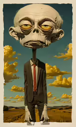 an alien is standing in a suit and tie