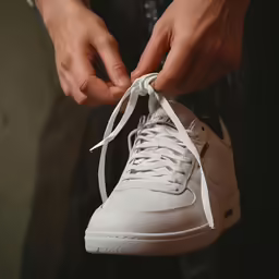 a man tying his shoes with the laces