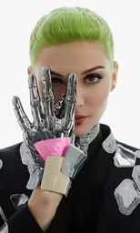 a woman with green hair is holding a hand