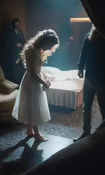 a girl standing in a room next to an older man