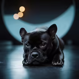 the black dog is laying on the floor