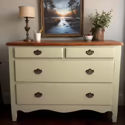 this is a dresser with a painting over it