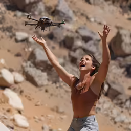 a beautiful young lady with a remote control flying through the air
