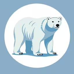 a polar bear standing up on the ground in front of a blue circle,a polar bear standing inside a circle with snow flakes,a polar bear in the center of a blue circle,a polar bear standing in front of a blue background,a polar bear standing on a snow covered ground