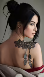 a woman with a necklace that has leaves on it