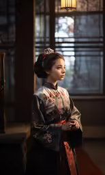woman in asian outfit in a palace looking out window