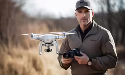 man holding a camera and taking a picture of a white quad rotor helicopter
