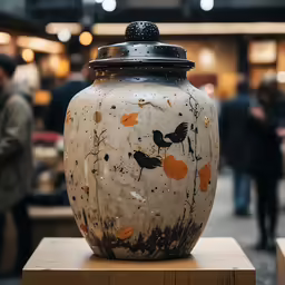 a big vase on display with some people in the background