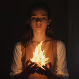 a woman holding fire in her hands while wearing a shirt