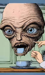two hands are holding scissors as they eat out of a bowl and a creepy face is in the background
