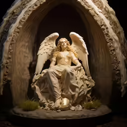 a statue sits in a cave like structure