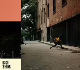 a woman wearing a yellow sweatshirt is running near a red and black building