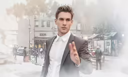 a man wearing a jacket is standing in the snow