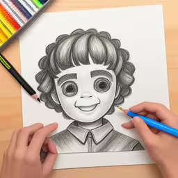 a person with some colored pencils next to a drawing,someone is making this drawing of an older kid