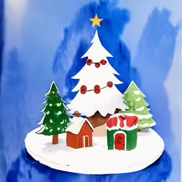 a christmas scene with a paper tree on the left and small cottages in the center