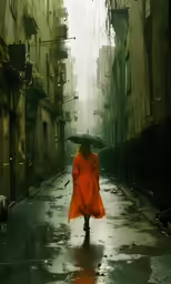 a woman is walking through an alley way with an umbrella