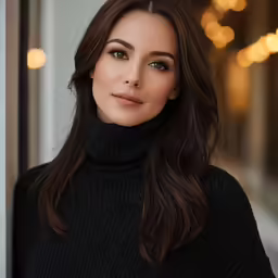 a woman with long hair and blue eyes and an oversize black turtleneck sweater