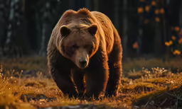 a brown bear walking in front of trees in the forest