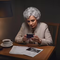 a woman sitting at a table with a phone and a cup of coffee