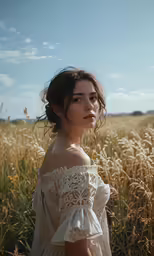 a woman standing in a field looking off into the distance