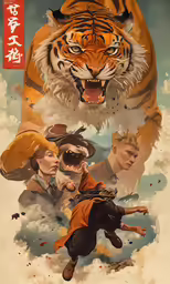 a series of posters with two people and a tiger