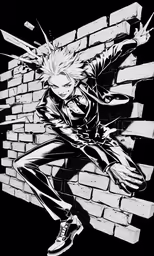 the character in the anime style poses on a brick wall