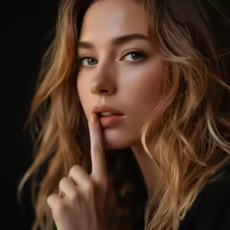 woman with finger under mouth on black background