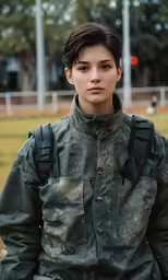 a woman in an army uniform posing for the camera
