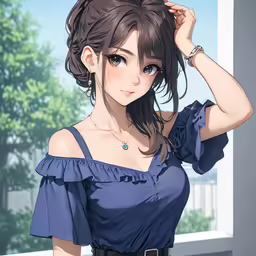 a woman with short hair wearing blue dress