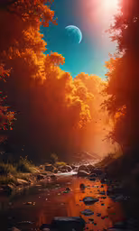 the sun shines bright in the autumn sky, and it appears to be an enularous body of water,there is a very beautiful landscape with a river