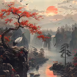 large painting of two birds on a cliff overlooking a waterfall,a painting of birds flying around a waterfall