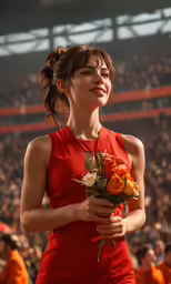 a woman in red holding a bunch of flowers