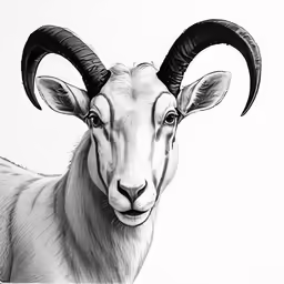 a black and white goat with long horns