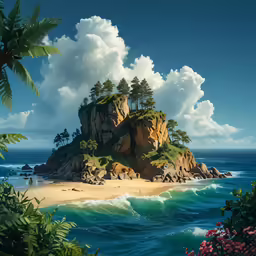 a painting of a sandy beach with trees on an island
