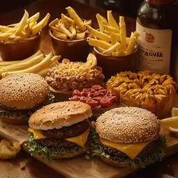 a table with several different types of burgers on it