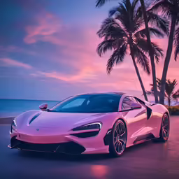 a pink sports car parked on the beach at sunset