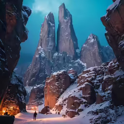 man walking through snow covered valley with illuminated rocks
