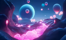 a computer generated, abstract scene shows a planet that has neon pink glowing bubbles around it