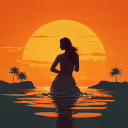 the sun is setting and there is a silhouette of a woman,the woman is standing in the water by a beach