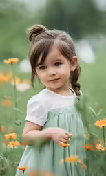 little girl in a blue dress standing in a field of flowers
